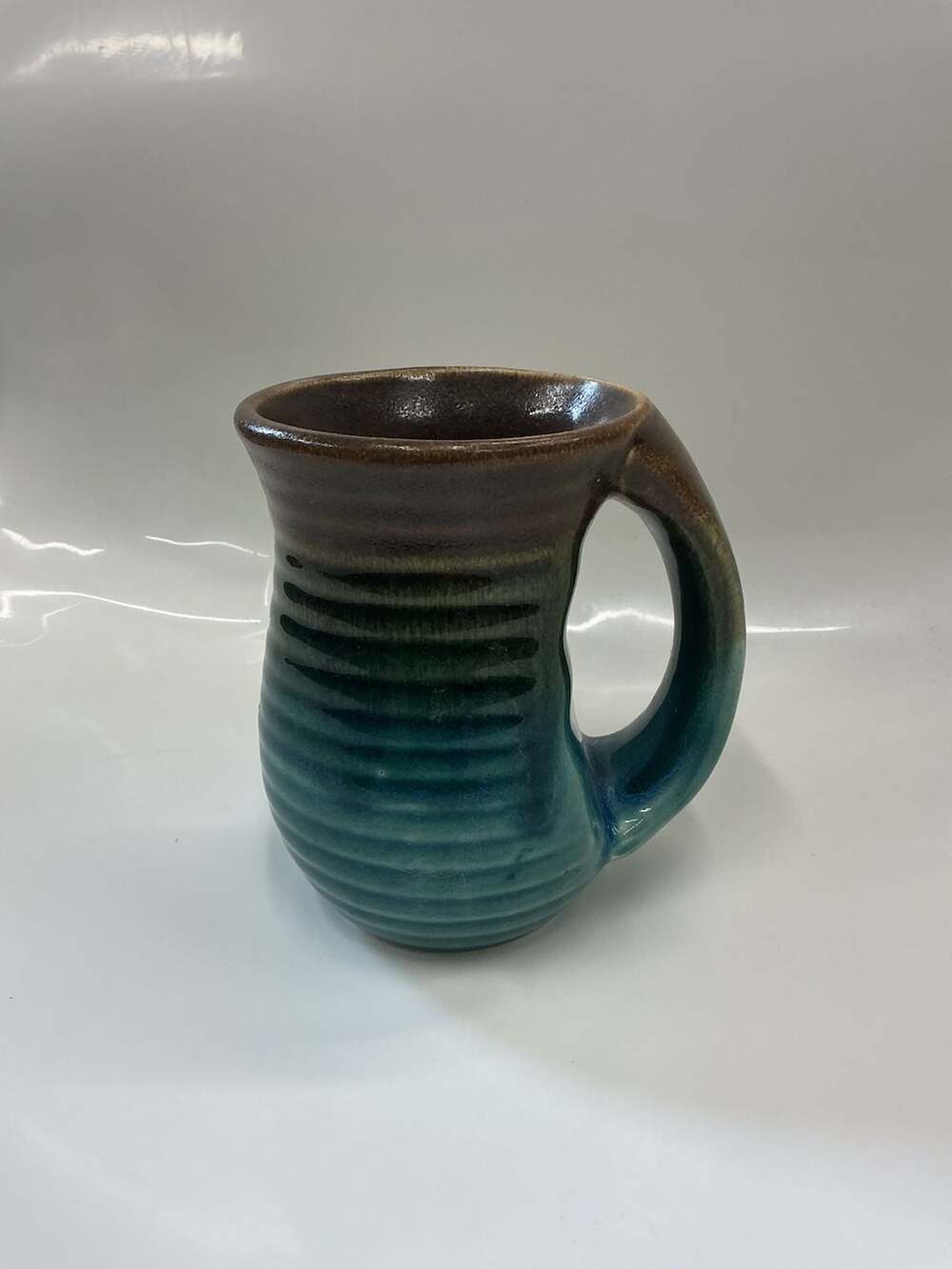 Artisan Stoneware Hand-Warming Mug w/ Ribbed Exterior &Two-Tone Teal/Brown Glaze